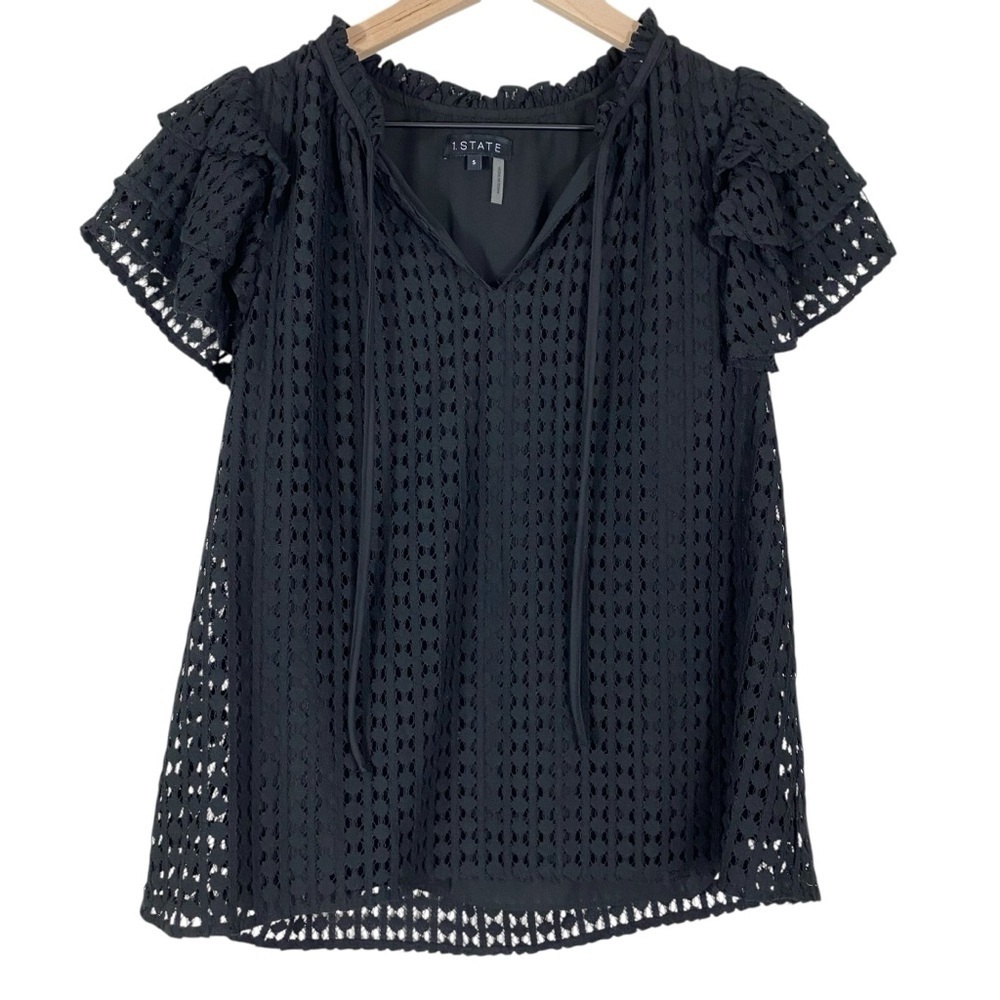 1.State Womens Blouse Size Small Solid Black Short Sleeve Ruffle Sleeves NWT